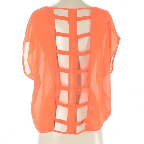 Lush Sheer Neon Orange Short Sleeve Blouse | Size Small - Picture 3 of 8